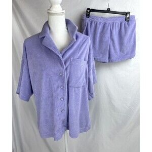 Anthropologie Shirt Shorts Set Small Purple Terry Short Sleeves 2pc Cover Up